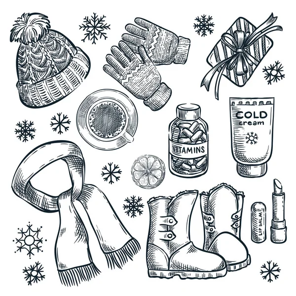 Winter Autumn Essentials Vector Sketch Illustration Hand Drawn Fashion Clothing — Stock Vector