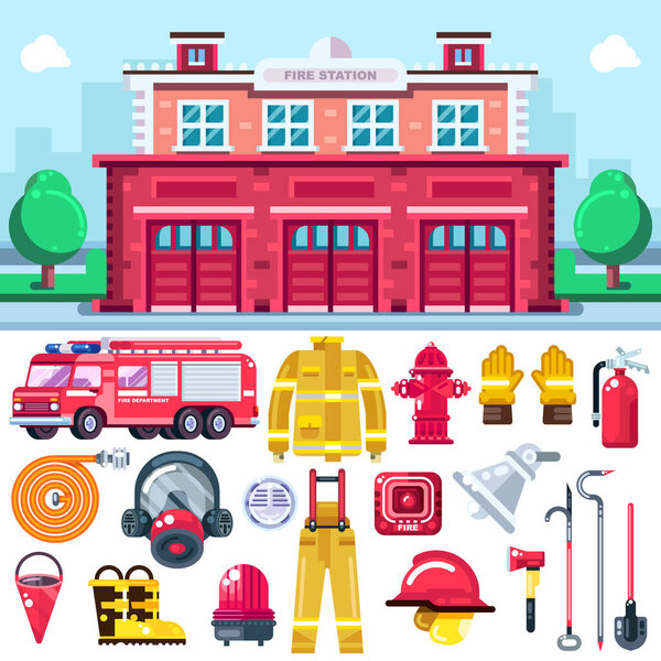 Firefighting equipment vector icons set. City fire station illustration. Fire extinguisher, alarm system, hydrant, firemans uniform and car isolated on white background.