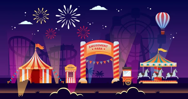 Illustration Vectorielle Parc Attractions Nuit Carrousels Lumineux Amusants Cirque Foire — Image vectorielle