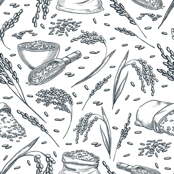 Orelhas Cereais Arroz Padrão Sem Costura Vetorial Desenho Ilustração Desenhada — Vetor de Stock