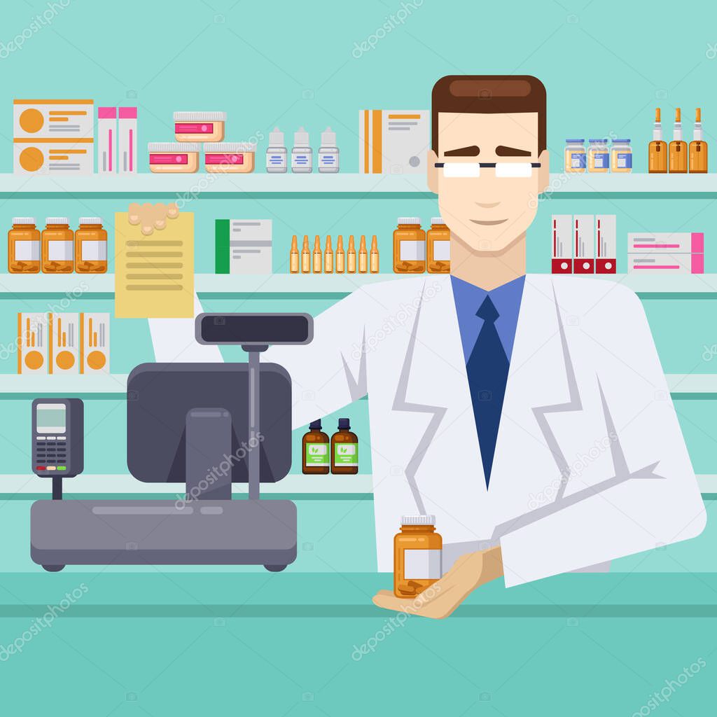 Male pharmacist with pills behind the counter. Pharmacy or drugstore interior. Vector flat style illustration.