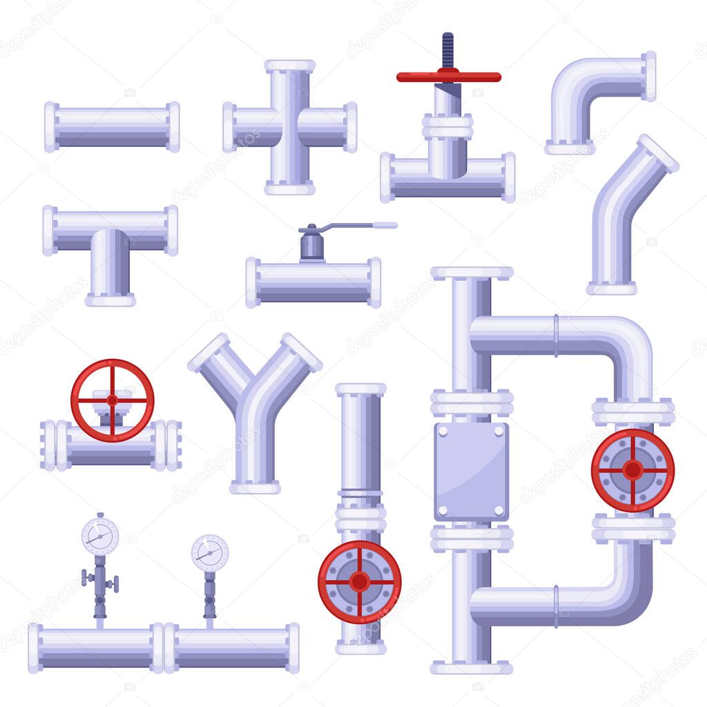 Gas pipeline construction elements. Vector isolated metal pipe, valve, pressure, tap icons set.