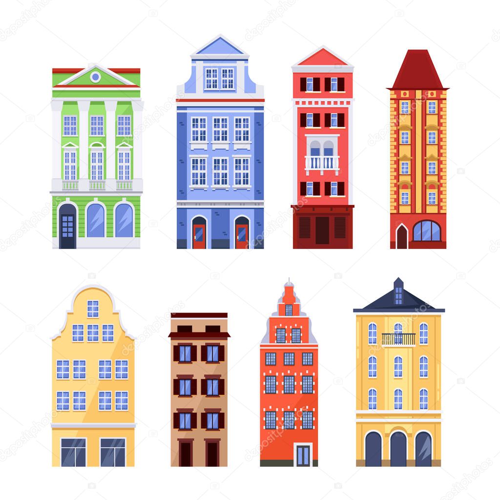 Old colorful buildings, vector flat isolated illustration. European traditional house facades. City architecture design elements.