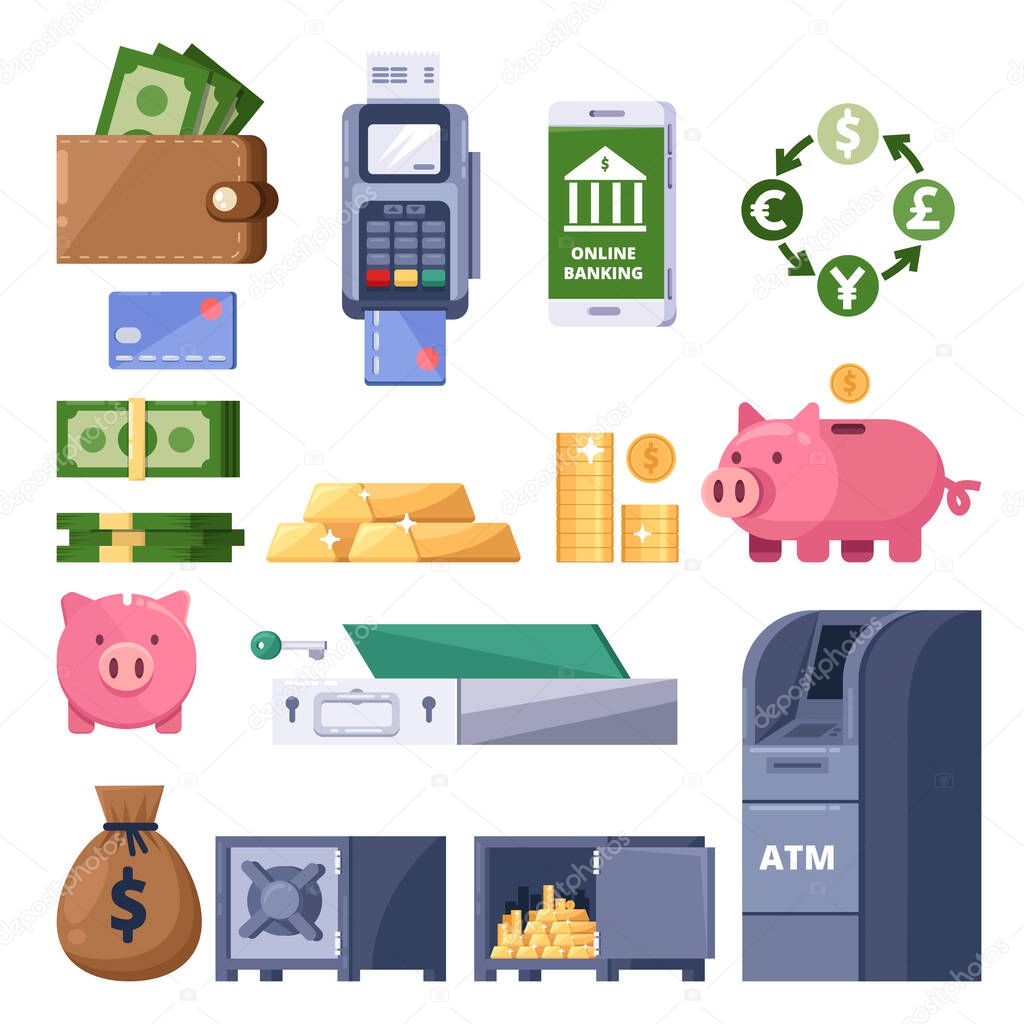 Money icons set. Isolated finance, banking, investment and commerce symbol. ATM, terminal, dollars, piggy bank and safe illustration