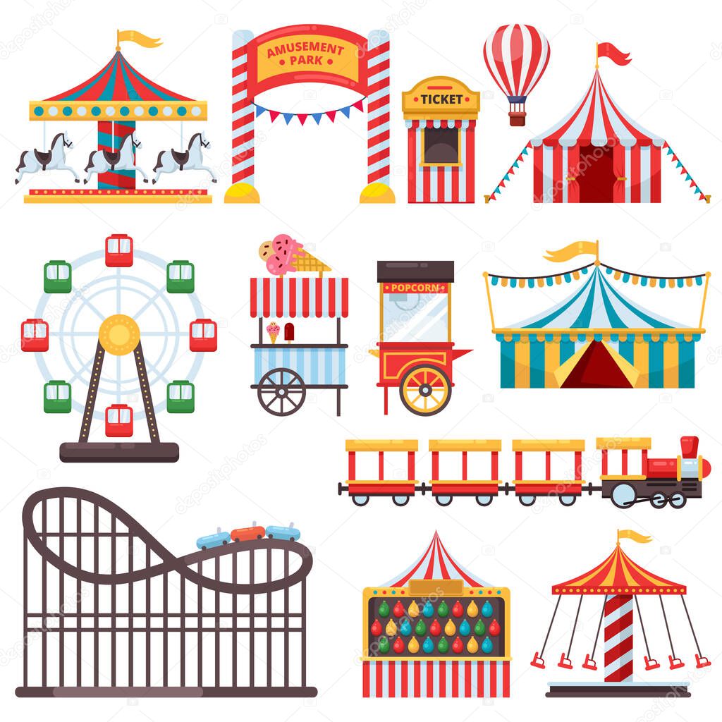 Amusement park isolated icons. Vector flat illustration of circus tent, carousel, ferris wheel and other attractions. Carnival design elements.