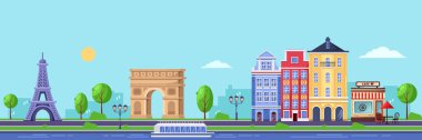Paris 'te yaz mevsimi. Eyfel Kulesi, Zafer Kemeri ve eski binalarla şehir manzarasının vektör düz çizimi. Fransa 'ya seyahat tasarımı.