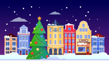 Eski Avrupa şehrinde yılbaşı tatili. Noel ağacı ve Avrupa renkli evlerin ön cepheleriyle şehir manzarasının vektör düz çizimi. Karnaval ve kış tatili festival tasarım elementleri