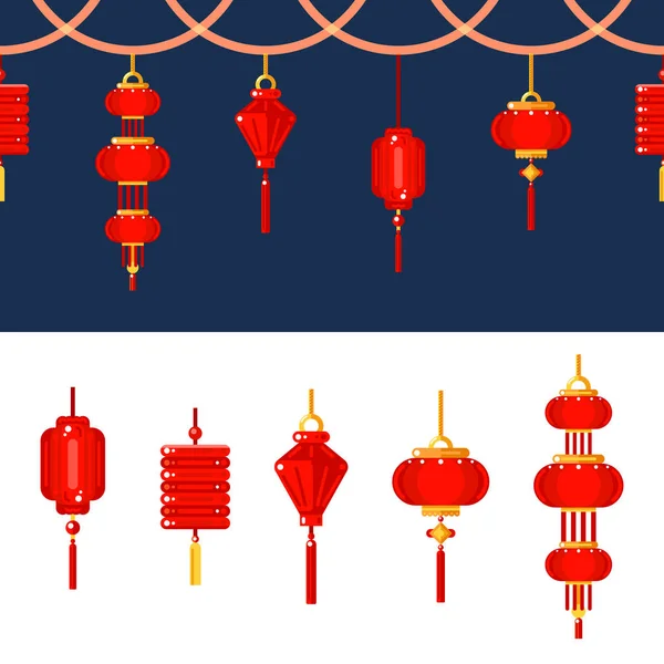 Lanterne Chinoise Icônes Ensemble Bordure Horizontale Sans Couture Vectorielle Avec — Image vectorielle