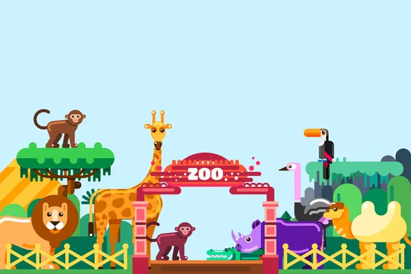 Entrada Jardim Zoológico Ilustração Estilo Plano Vetorial Animais Bonitos Torno —  Vetores de Stock