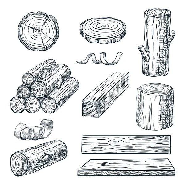 Holzstämme Stamm Und Bretter Vektorskizze Illustration Handgezeichnete Holzmaterialien Brennholzset — Stockvektor