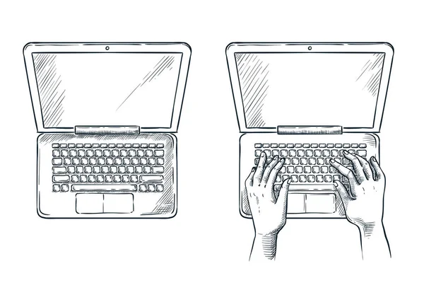 Mani Umane Sulla Tastiera Del Computer Portatile Schizzo Vettoriale Illustrazione — Vettoriale Stock