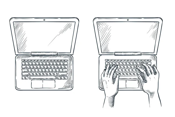 Manos Humanas Teclado Portátil Ilustración Bocetos Vectoriales Pantalla Vacía Computadora — Vector de stock