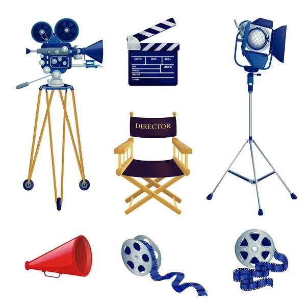 Producción Vídeo Cine Iconos Dibujos Animados Vectoriales Elementos Diseño Equipo — Vector de stock