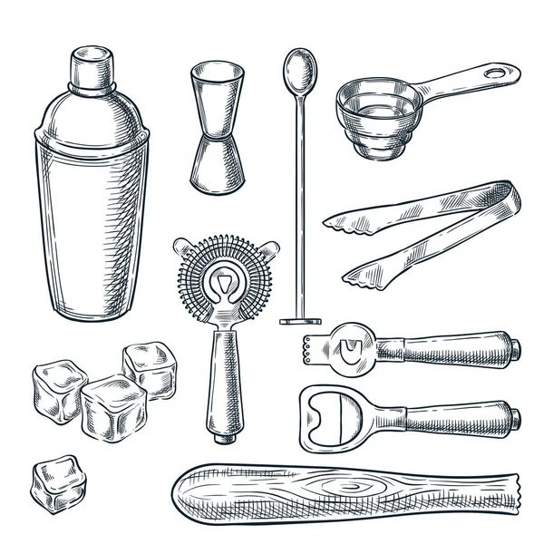 Cocktail Bar Tools Equipment Vector Sketch Illustration Hand Drawn Icons — Stock Vector