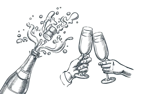 Explosie Champagnefles Twee Handen Met Drinkglazen Schets Vectorillustratie Nieuwjaar Kerstmis — Stockvector