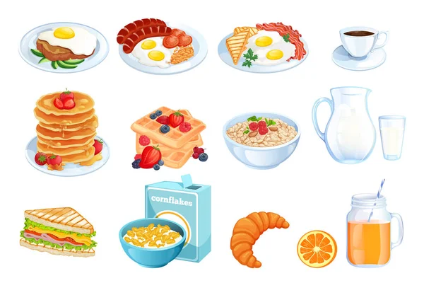 料理朝食 ベクトル漫画のイラスト 隔離された朝の食事の皿のセット レストランやカフェブランチメニューのデザイン要素 — ストックベクタ
