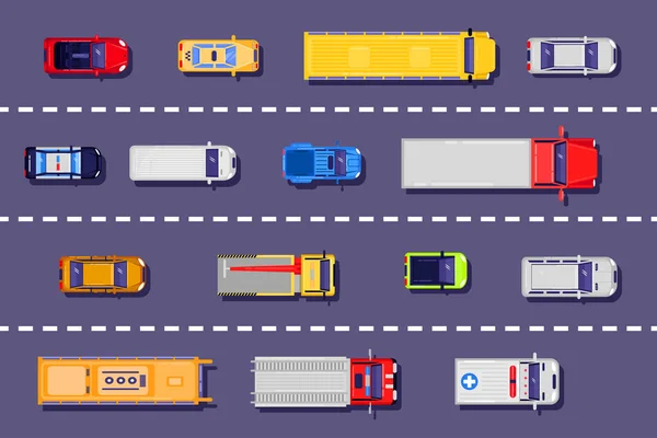 Stadstransport Vägen Översiktsbild Vektor Platt Fordon Ikoner Asfalt Bakgrund — Stock vektor