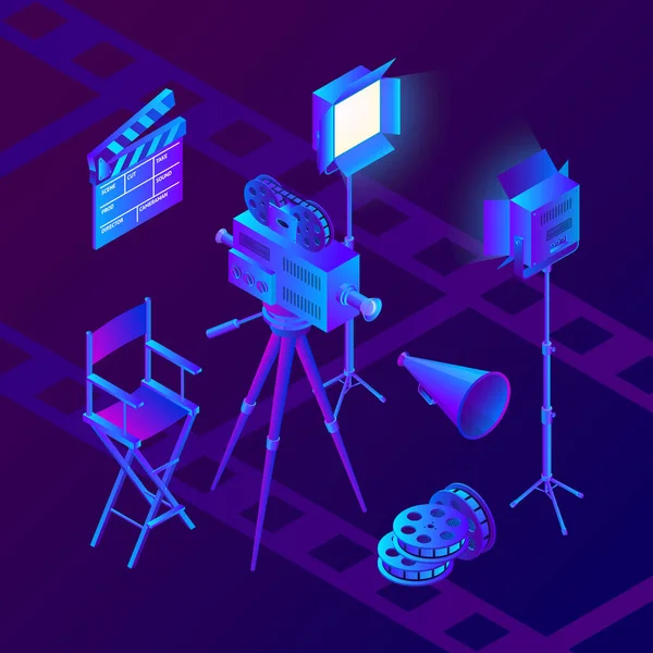 Produzione Video Cinema Illustrazione Dei Gradienti Neon Isometrici Vettoriali Set — Vettoriale Stock