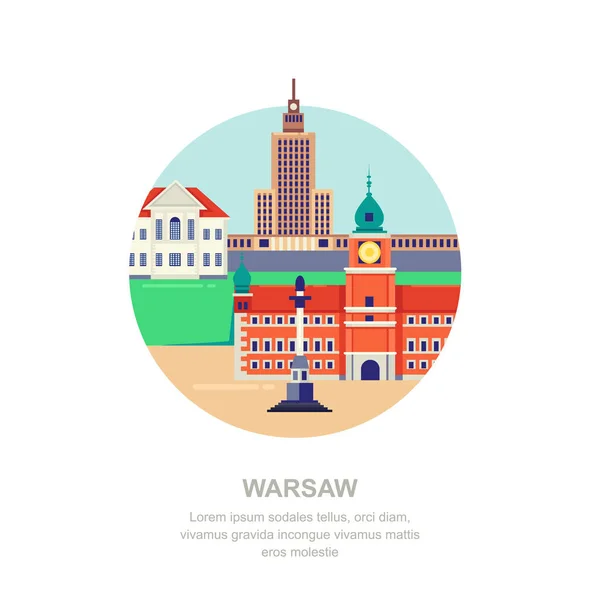 Viaje Para Polônia Ilustração Vetorial Plana Símbolos Cidade Varsóvia Pontos — Vetor de Stock