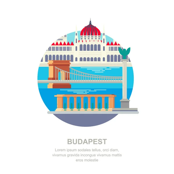 Viaje Hungría Vector Ilustración Plana Budapest Símbolos Ciudad Lugares Interés — Vector de stock
