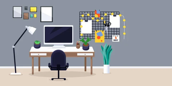 Designer Freelancer Work Place Vector Flat Illustration Creative Workplace Monitor — Stock Vector