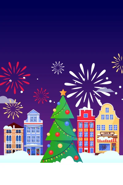 Tarjeta Felicitación Vertical Navidad Año Nuevo Árbol Navidad Casas Antiguas — Vector de stock