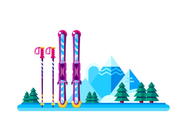 Winter Ski Resort Vector Background Snow Mountains Landscape Colorful Ski — Stock Vector