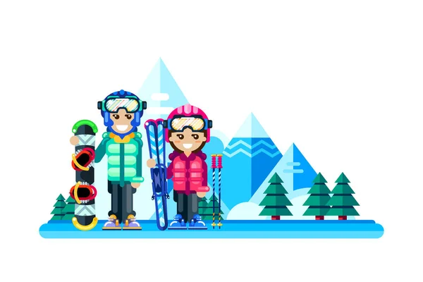 Happy Couple Winter Ski Resort Vector Flat Isolated Illustration Weekend — Stock Vector