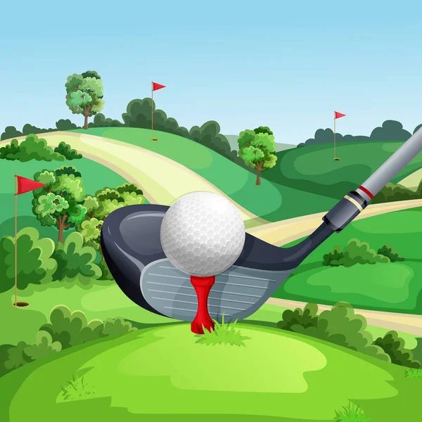 Golf club and ball on green golf course, vector illustration. Summer landscape cartoon background.