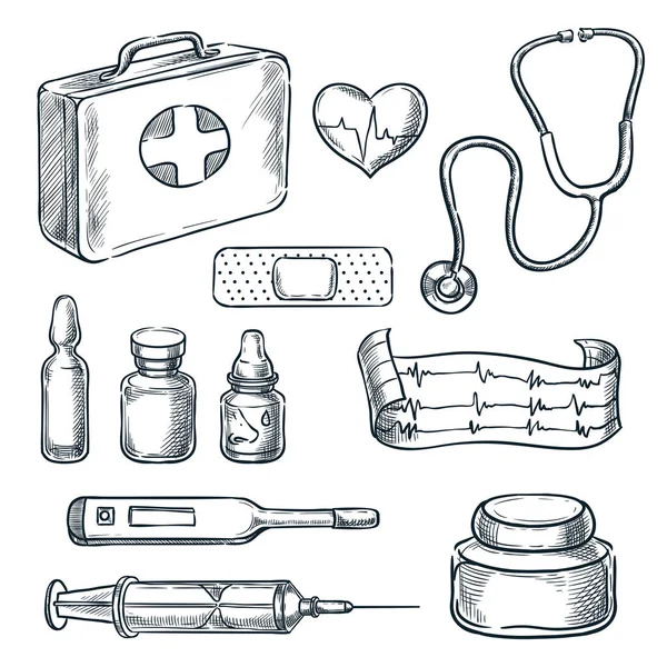 Elsősegély Készlet Vektor Vázlat Illusztráció Gyógyszer Egészségügyi Ellátás Kézzel Rajzolt — Stock Vector