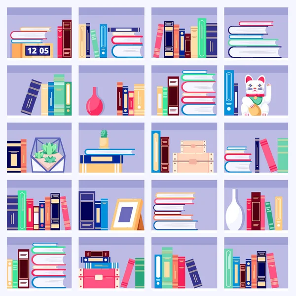 Bibliothèque Wth Livres Colorés Décor Maison Sur Les Étagères Illustration — Image vectorielle