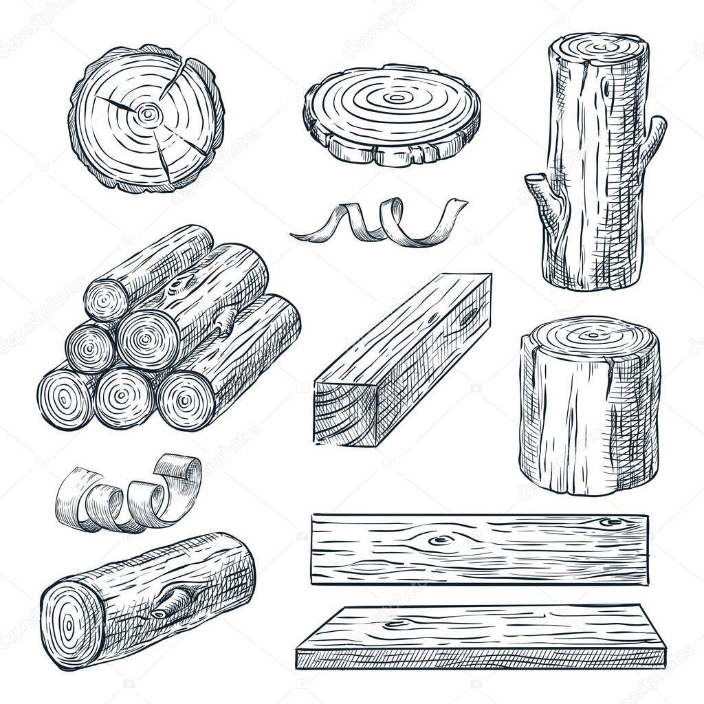 Wood logs, trunk and planks, vector sketch illustration. Hand drawn wooden materials. Firewood set.