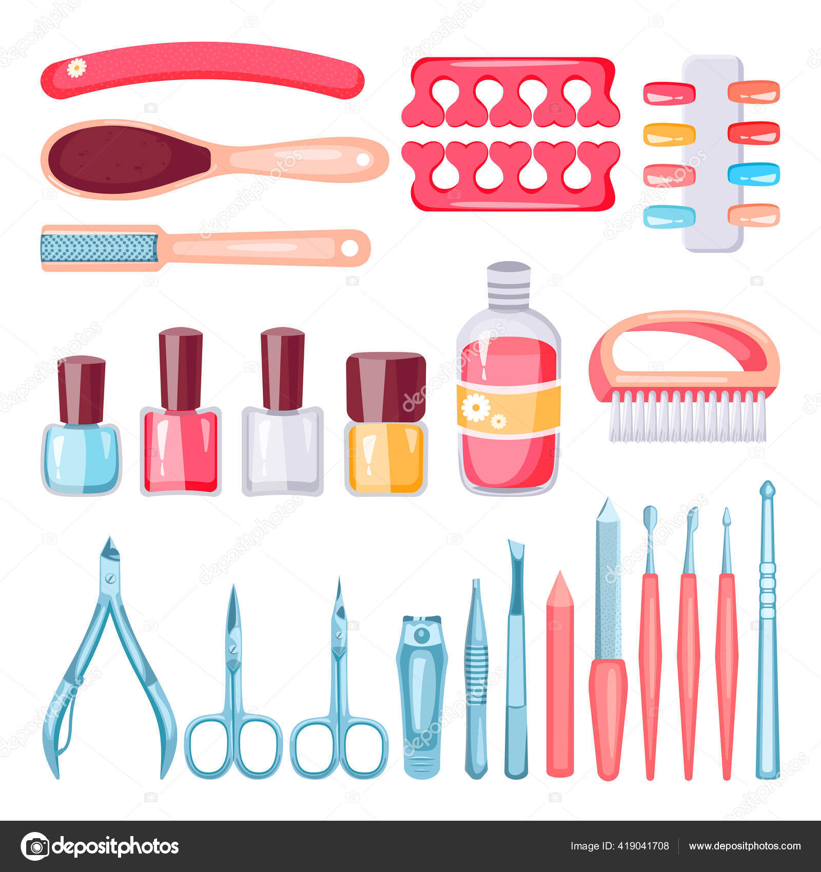 Manicure Pedicure Tools Cosmetics Set Vector Cartoon Illustration Nails