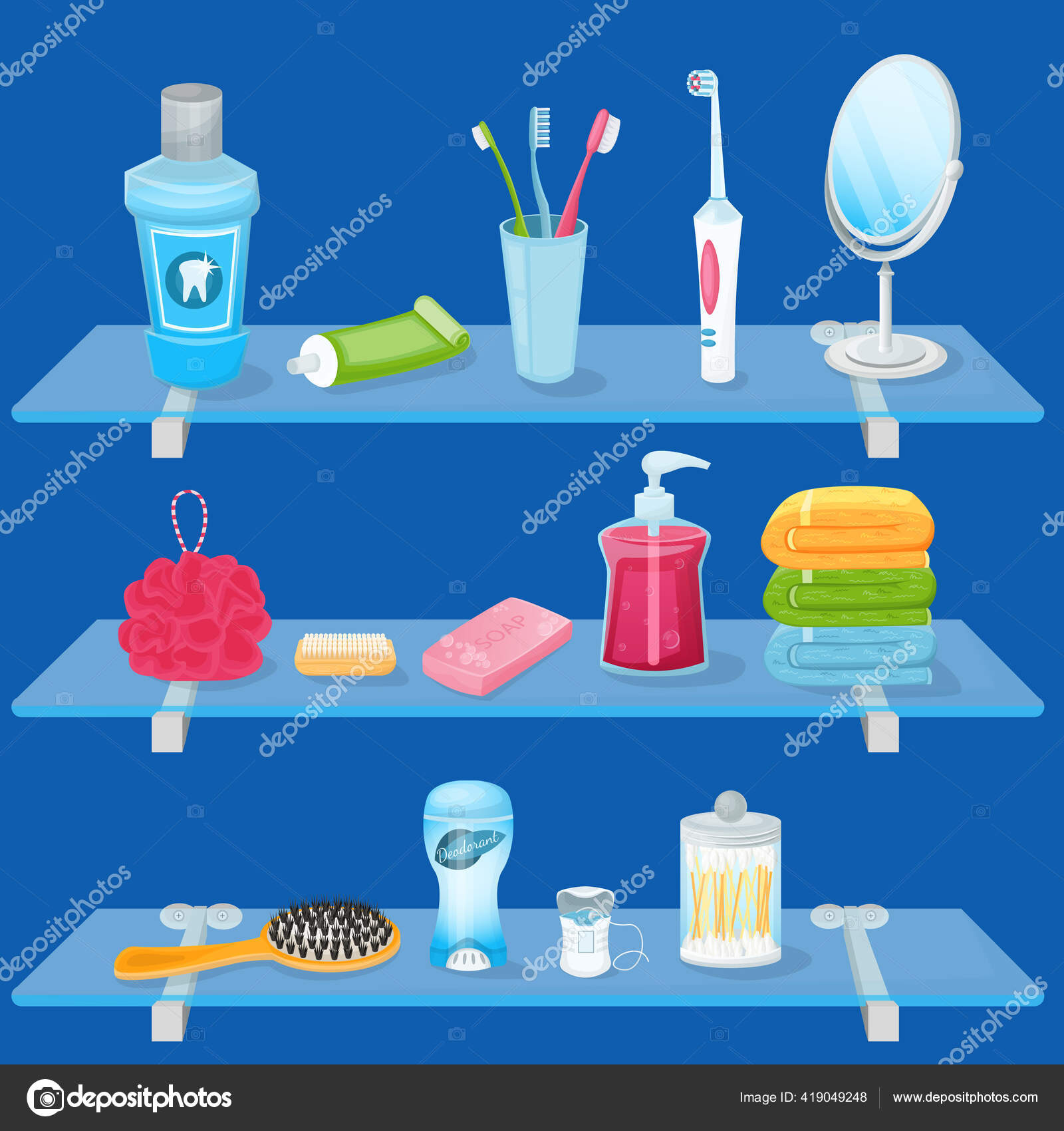 Personal Hygiene Supplies Vector Cartoon Illustration Bathroom Glass  Shelves Soap Stock Vector Image by ©QualitDesugn #419049248