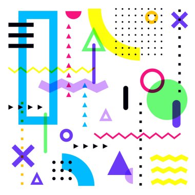 Soyut geometrik şekilli renkli vektör arkaplanı. Beyaz arkaplanda Memphis tarzı tasarım ögeleri.