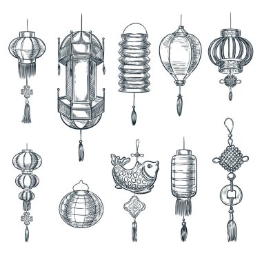 Çin feneri vektör çizimi. Geleneksel Çin bayramı ve festival dekorasyonu.