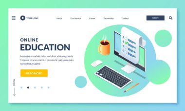 Çevrimiçi eğitim ve öğrenim. İniş sayfası veya pankart tasarımı şablonu. Vektör 3 boyutlu izometrik çizim. Web öğrenme ve eğitim kavramı.