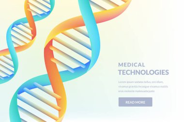 Beyaz arka planda izole edilmiş çok renkli 3d gradyan DNA. Tıbbi teknoloji, biyoteknoloji, bilim araştırma konsepti. Vektör soyut illüstrasyonu.