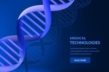 Soyut neon parlayan 3D DNA mavi arka plan. Vektör çizimi. Tıbbi teknoloji, biyoteknoloji, bilim araştırma konsepti..