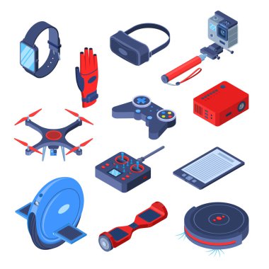 Modern aygıtlar ve cihazlar vektör 3d izometrik simgeler ve tasarım elemanları ayarlandı. Sanal gerçeklik, robotlar, akıllı gelecek teknolojileri kavramı.