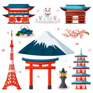 Asya 'ya seyahat, Japonya simgeleri ve izole tasarım elementleri ayarlandı. Vektör Japon ve Tokyo kültür sembolleri ve simgeleri.