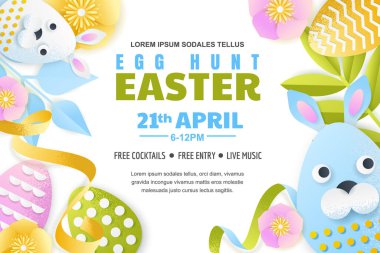 Yumurta avı Paskalya yatay bayrak şablonu. Tatil posteri ya da broşür. Vektör 3d kağıt kesim biçimi illüstrasyonu. Güzel el işi tatil karakterleri..