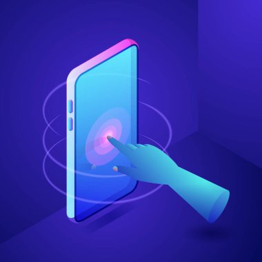 Akıllı telefon ya da tablet bilgisayarda insan eli parmağı ekrana dokunuyor. Dijital modern etkileşimli teknoloji konsepti. Vektör neon eğimleri 3d izometrik illüstrasyon.