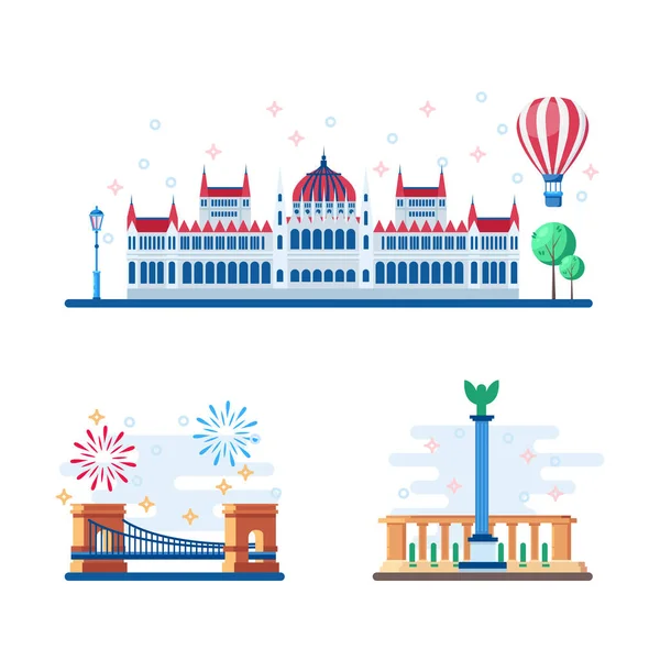 Budapest Touristic Landmarks Vector Flat 일러스트 헝가리를 여행하면서 디자인을 광장과 — 스톡 벡터