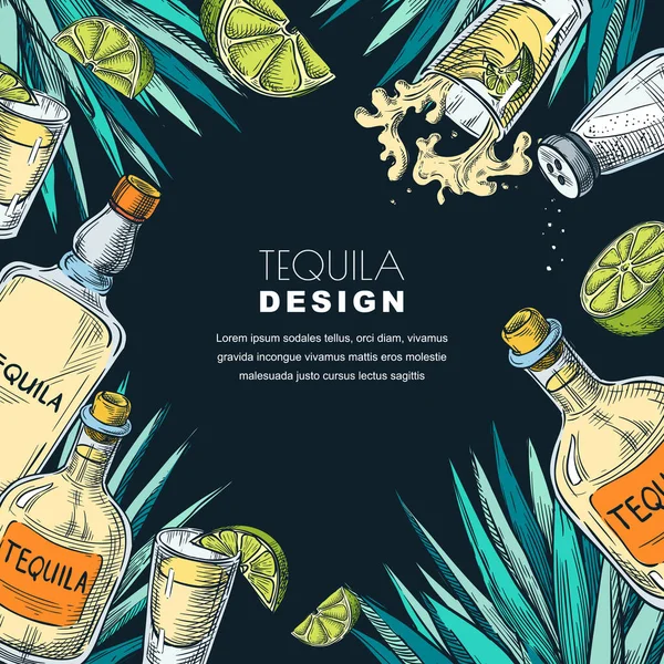 Plantilla Diseño Etiqueta Tequila Dibujo Ilustración Vectorial Botellas Vaso Chupito — Vector de stock