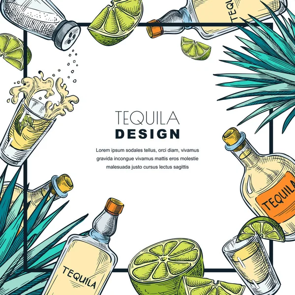 Modèle Étiquette Conception Tequila Illustration Vectorielle Croquis Bouteilles Verre Chaux — Image vectorielle