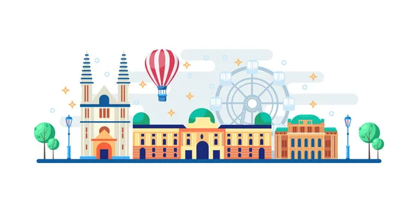 Paisaje Urbano Viena Con Famosos Monumentos Turísticos Ilustración Plana Vectorial — Vector de stock