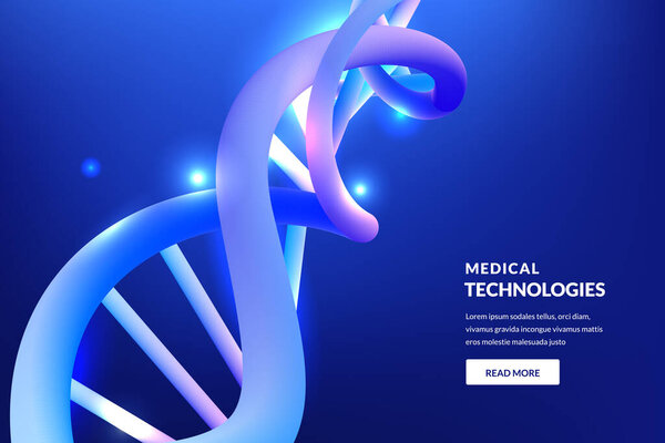 Abstract neon glowing 3d DNA blue background. Vector illustration. Medical technology, biotechnology, science research concept.