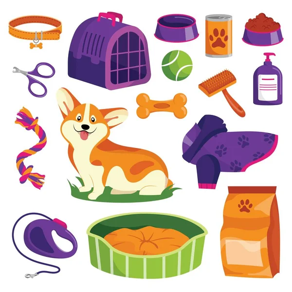 Conjunto Ícones Loja Animais Cão Bens Vetor Cartoon Ilustração Alimentos — Vetor de Stock