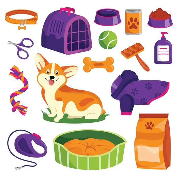 Dierenwinkel Pictogrammen Ingesteld Hondengoederen Vector Cartoon Illustratie Diervoeding Speelgoed Verzorging — Stockvector